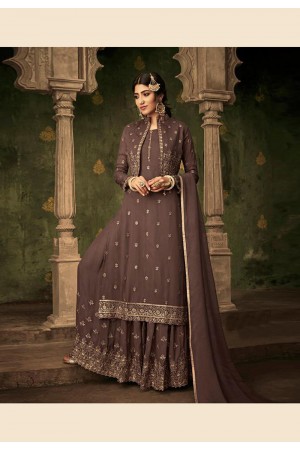 Brown georgette embroidered sharara suit with jacket  70003